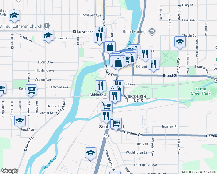 map of restaurants, bars, coffee shops, grocery stores, and more near 100 State Street in Beloit