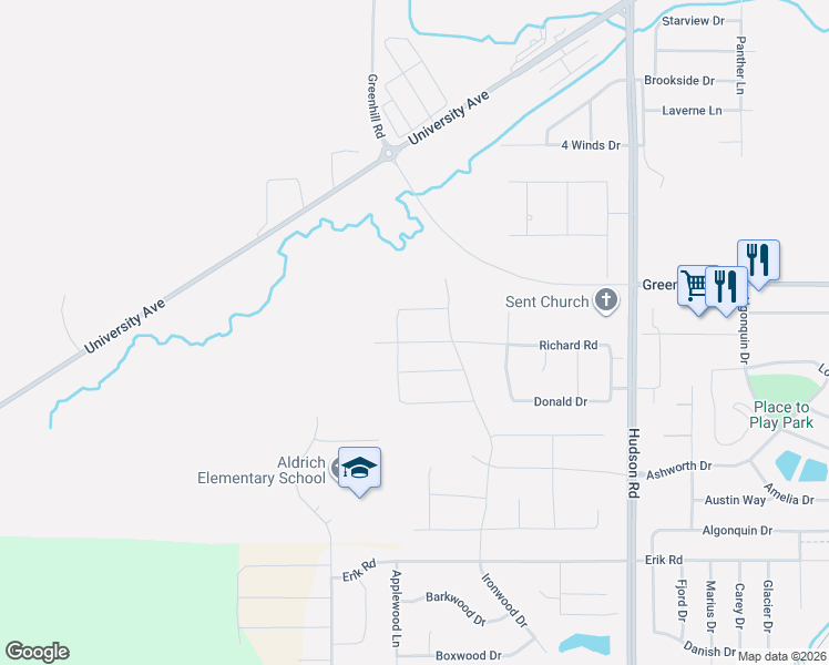 map of restaurants, bars, coffee shops, grocery stores, and more near 2309 Leigh Lane in Cedar Falls