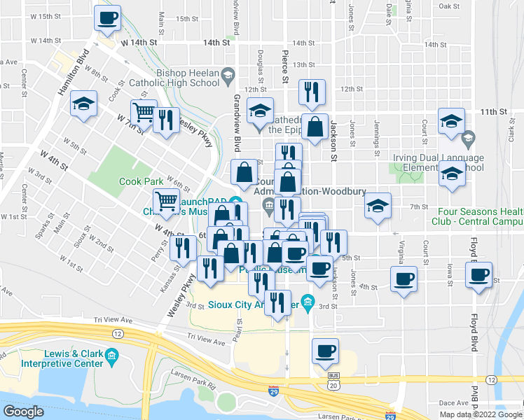 map of restaurants, bars, coffee shops, grocery stores, and more near Douglas St & 7th St in Sioux City
