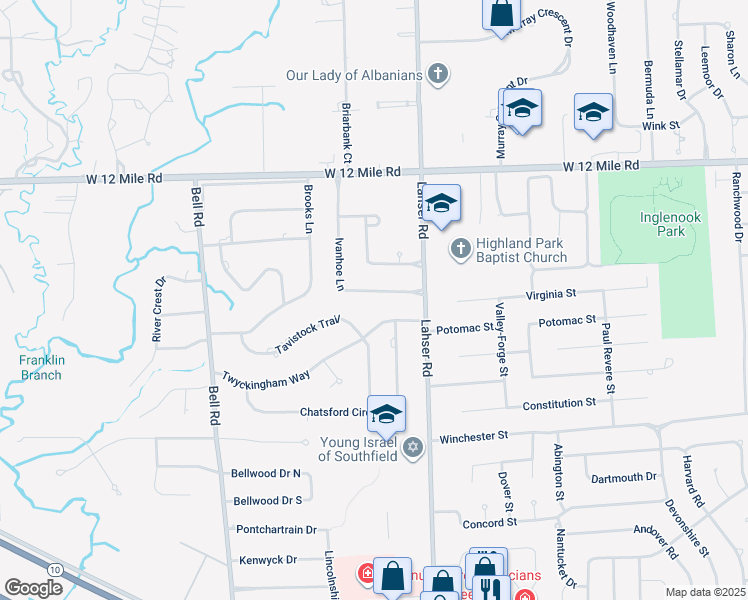map of restaurants, bars, coffee shops, grocery stores, and more near 22180 Ivanhoe Lane in Southfield