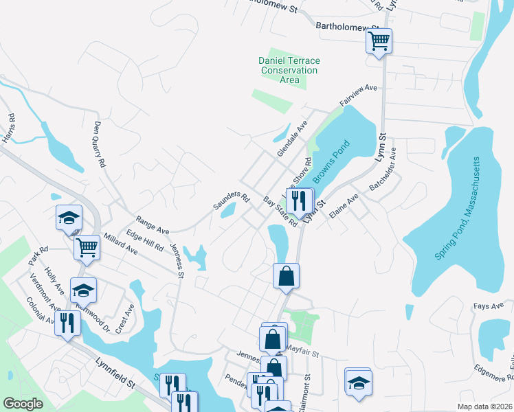 map of restaurants, bars, coffee shops, grocery stores, and more near 64 Bay State Road in Lynn