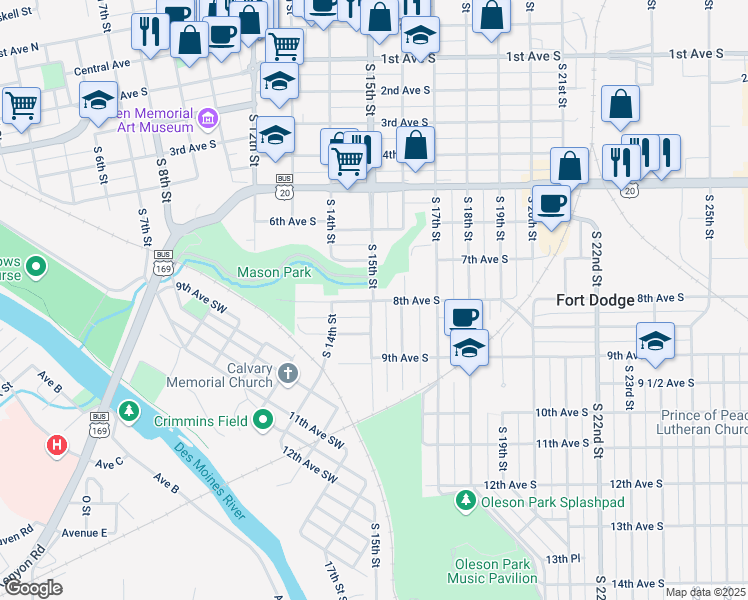 map of restaurants, bars, coffee shops, grocery stores, and more near 1504 8th Avenue South in Fort Dodge