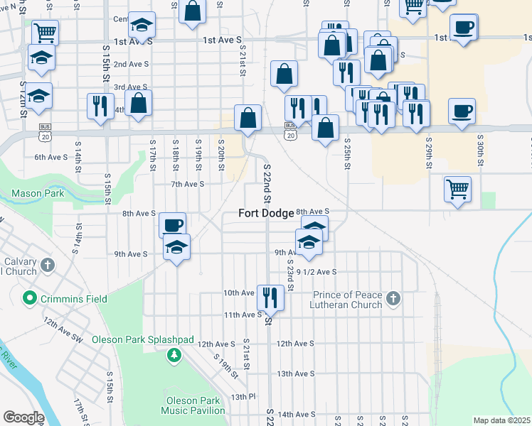 map of restaurants, bars, coffee shops, grocery stores, and more near in Fort Dodge