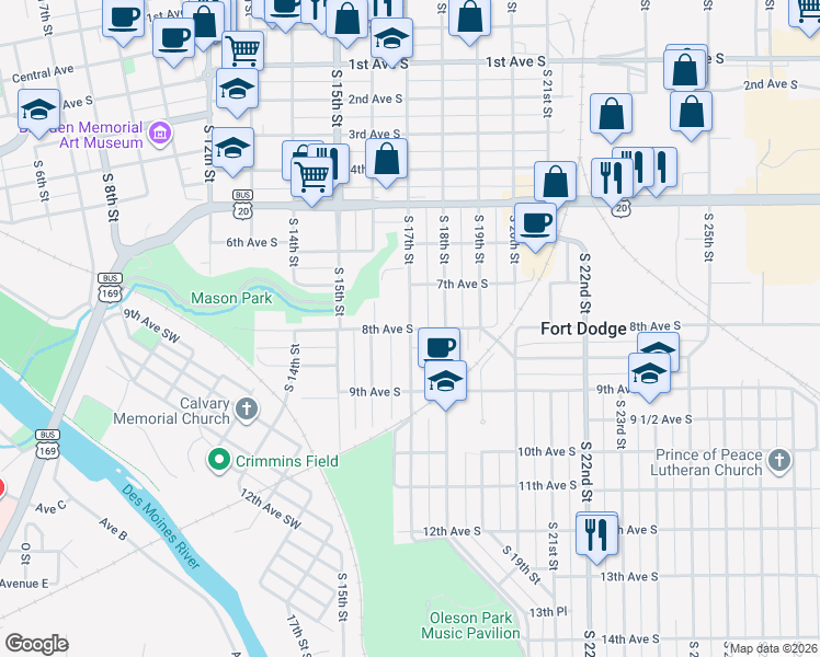 map of restaurants, bars, coffee shops, grocery stores, and more near 799 S 17th St in Fort Dodge