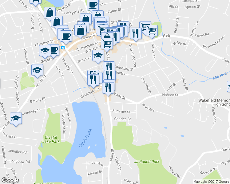 map of restaurants, bars, coffee shops, grocery stores, and more near 18 Nahant Street in Wakefield