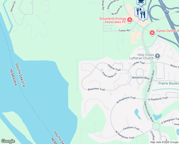 map of restaurants, bars, coffee shops, grocery stores, and more near 597 Fawn Hollow Trail in North Sioux City