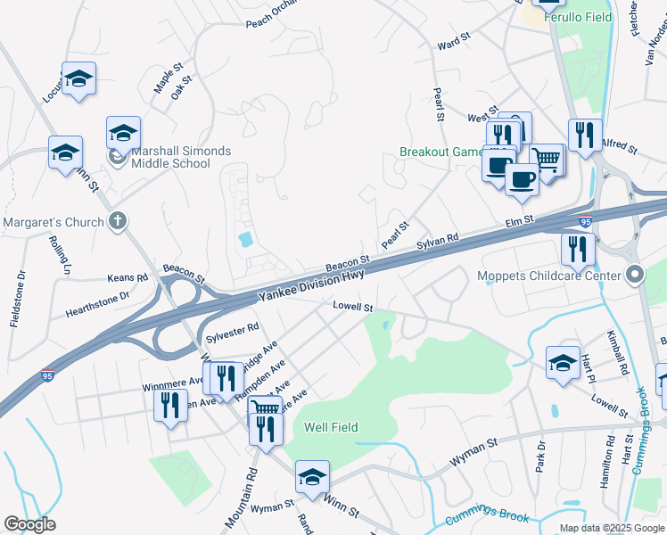 map of restaurants, bars, coffee shops, grocery stores, and more near 18 Georgia Drive in Burlington