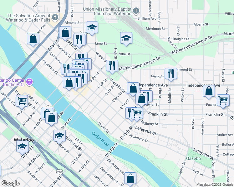 map of restaurants, bars, coffee shops, grocery stores, and more near 922 Franklin Street in Waterloo