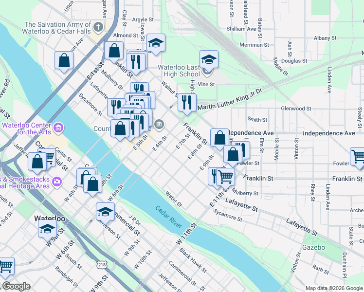 map of restaurants, bars, coffee shops, grocery stores, and more near 841-899 Mulberry St in Waterloo