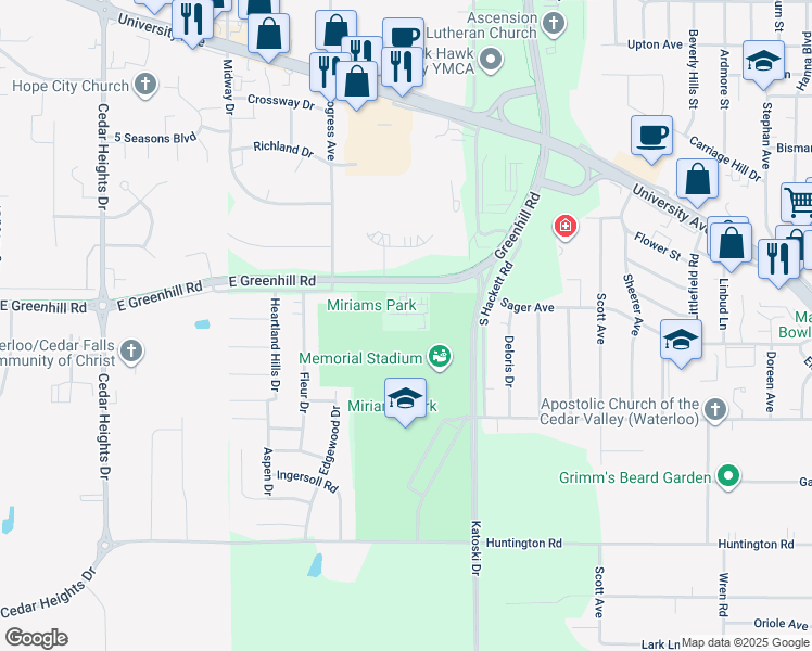 map of restaurants, bars, coffee shops, grocery stores, and more near 1118 Tiffany Place in Waterloo