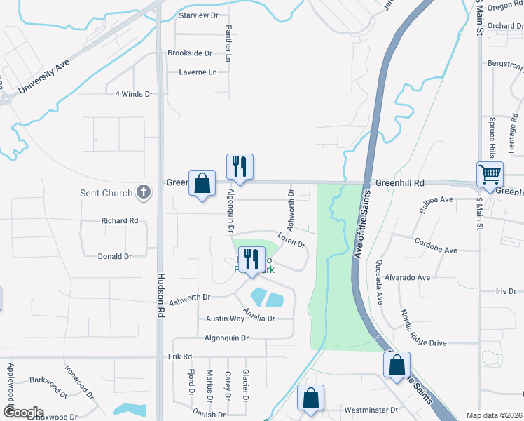 map of restaurants, bars, coffee shops, grocery stores, and more near 1217 Ashworth Drive in Cedar Falls