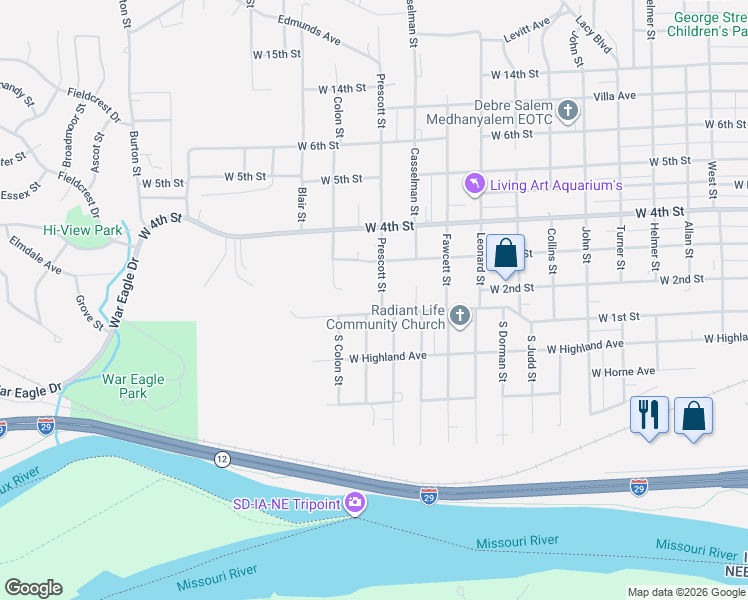 map of restaurants, bars, coffee shops, grocery stores, and more near 218 Prescott Street in Sioux City