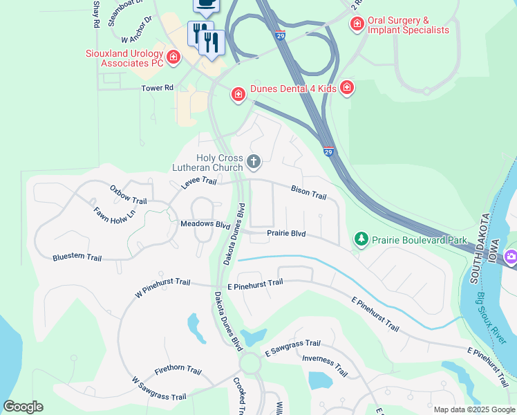 map of restaurants, bars, coffee shops, grocery stores, and more near 310 Dakota Dunes Boulevard in North Sioux City