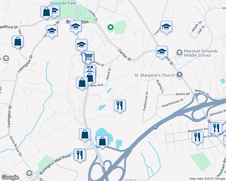 map of restaurants, bars, coffee shops, grocery stores, and more near 14 Maple Ridge Drive in Burlington