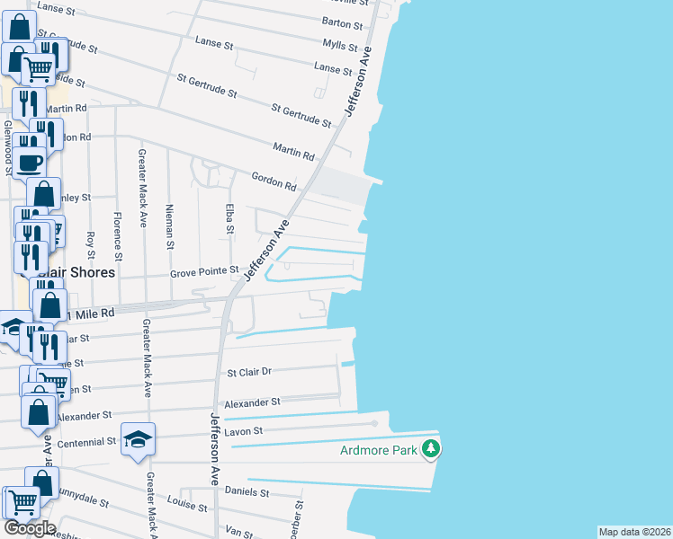 map of restaurants, bars, coffee shops, grocery stores, and more near 22606 Shorewood Drive in St. Clair Shores