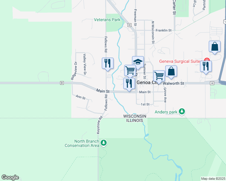 map of restaurants, bars, coffee shops, grocery stores, and more near 772 Main Street in Genoa City