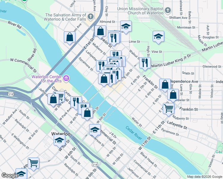 map of restaurants, bars, coffee shops, grocery stores, and more near 607 Sycamore Street in Waterloo
