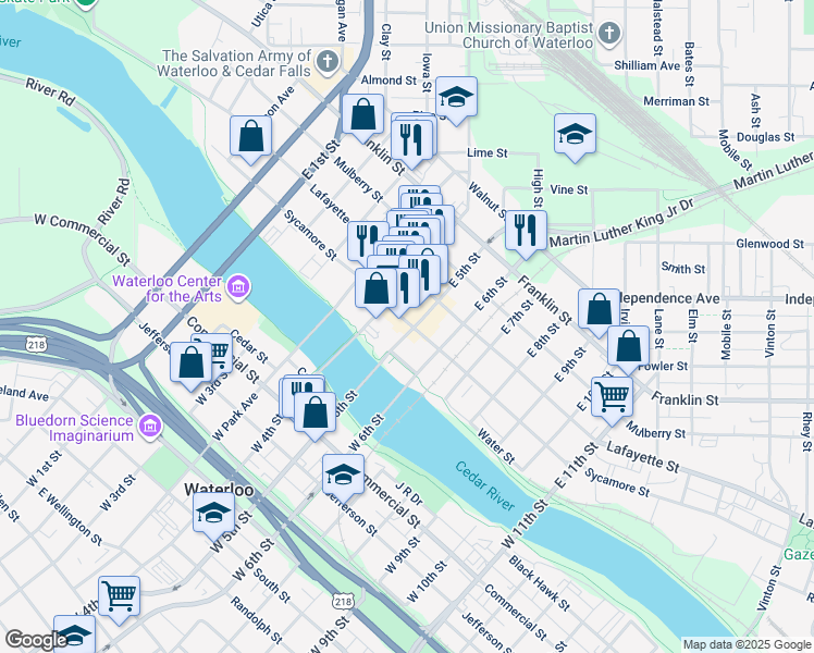 map of restaurants, bars, coffee shops, grocery stores, and more near 632 Sycamore Street in Waterloo