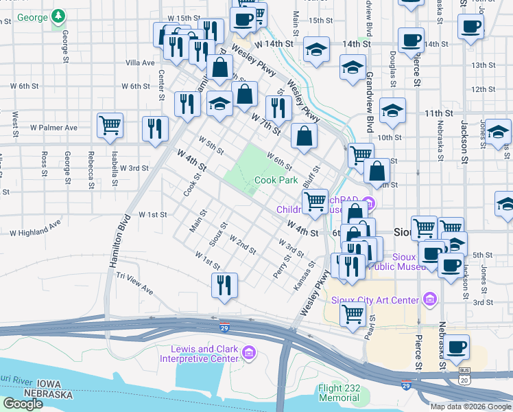 map of restaurants, bars, coffee shops, grocery stores, and more near 501-561 W 4th St in Sioux City