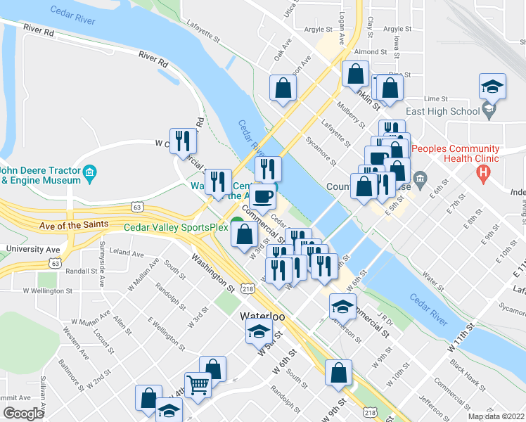 map of restaurants, bars, coffee shops, grocery stores, and more near 102 West 2nd Street in Waterloo