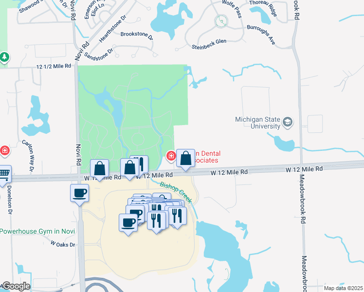map of restaurants, bars, coffee shops, grocery stores, and more near 42400 West 12 Mile Road in Novi