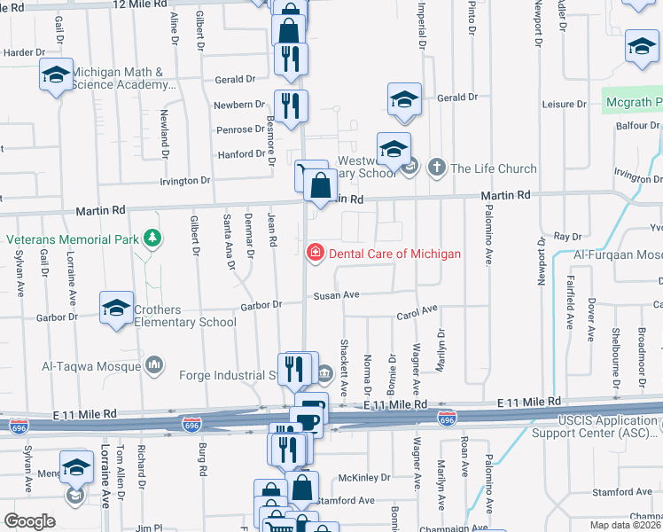 map of restaurants, bars, coffee shops, grocery stores, and more near 27700 Hoover Road in Warren