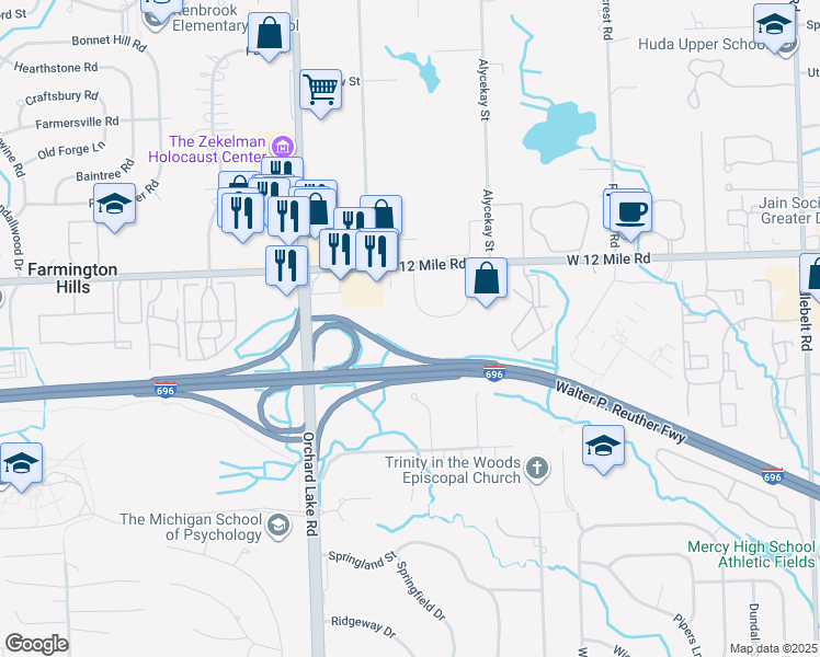 map of restaurants, bars, coffee shops, grocery stores, and more near 27777 Stansbury Street in Farmington Hills