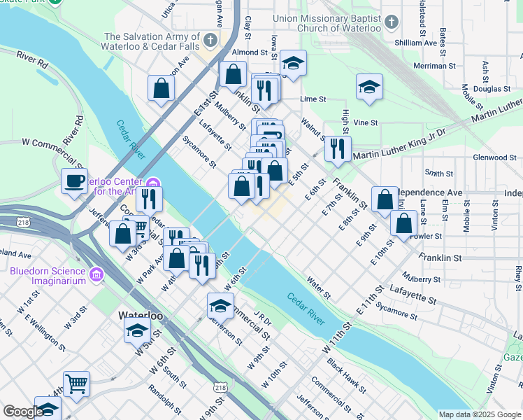 map of restaurants, bars, coffee shops, grocery stores, and more near 632 Sycamore Street in Waterloo
