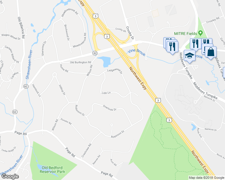 map of restaurants, bars, coffee shops, grocery stores, and more near 12 Lido Lane in Bedford