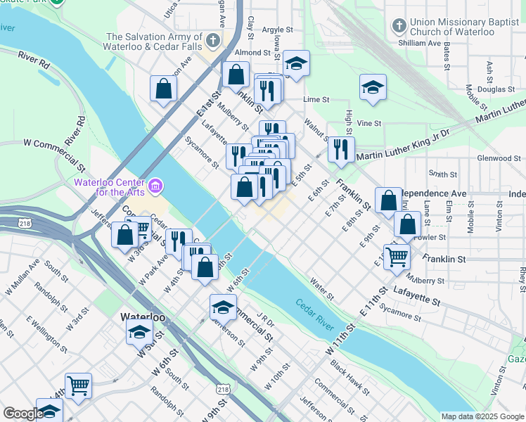 map of restaurants, bars, coffee shops, grocery stores, and more near 607 Sycamore Street in Waterloo