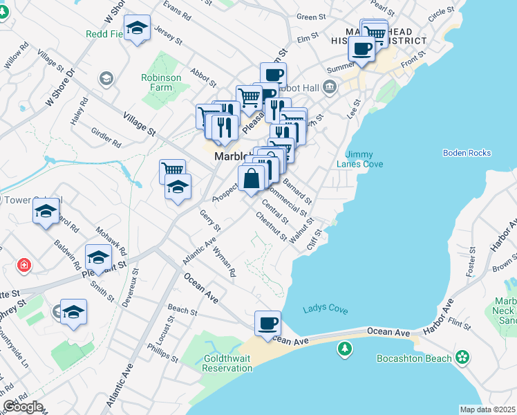 map of restaurants, bars, coffee shops, grocery stores, and more near 59 Atlantic Avenue in Marblehead