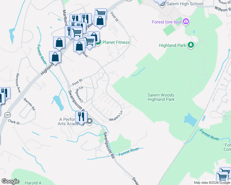 map of restaurants, bars, coffee shops, grocery stores, and more near 12 Celestial Way in Salem