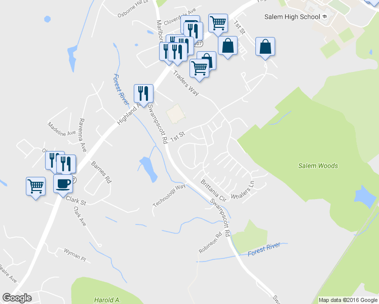 map of restaurants, bars, coffee shops, grocery stores, and more near 29 Cavendish Circle in Salem