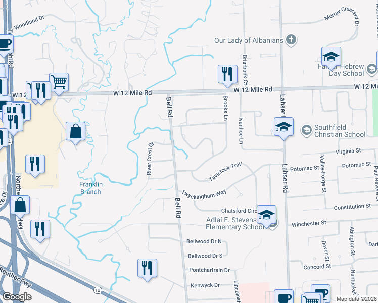 map of restaurants, bars, coffee shops, grocery stores, and more near 28490 Tavistock Trail in Southfield