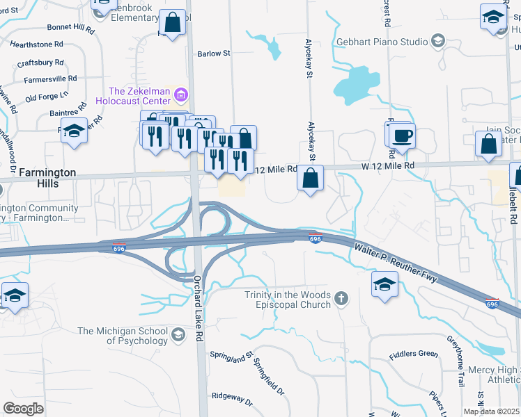 map of restaurants, bars, coffee shops, grocery stores, and more near 27777 Stansbury Street in Farmington Hills