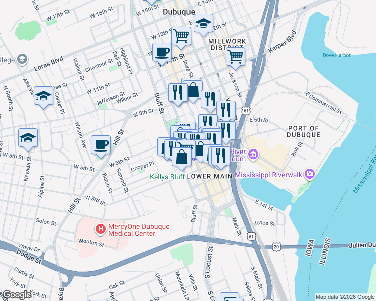 map of restaurants, bars, coffee shops, grocery stores, and more near 504 Bluff Street in Dubuque