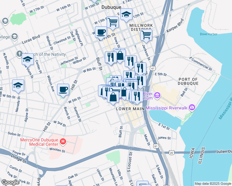 map of restaurants, bars, coffee shops, grocery stores, and more near 504 Bluff Street in Dubuque