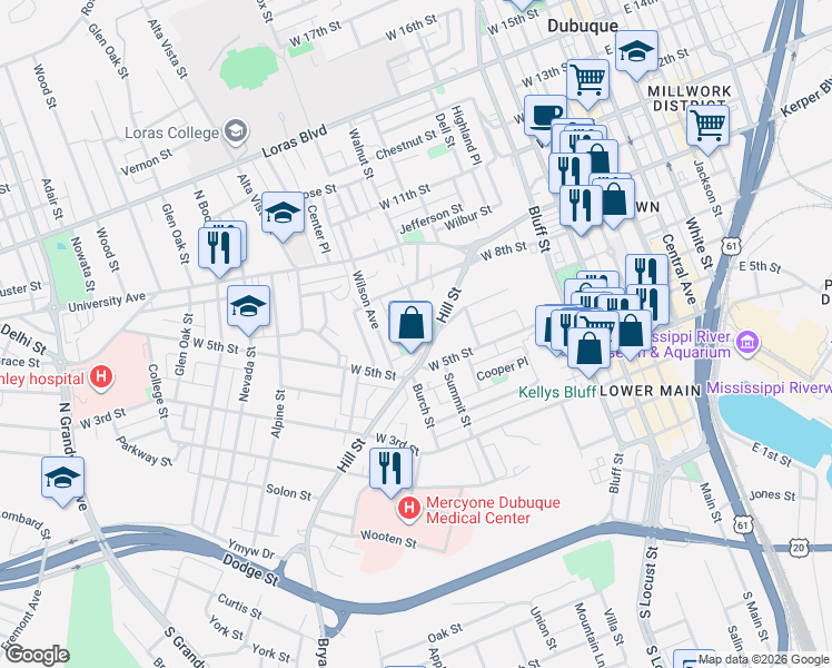 map of restaurants, bars, coffee shops, grocery stores, and more near 685 Hill Street in Dubuque