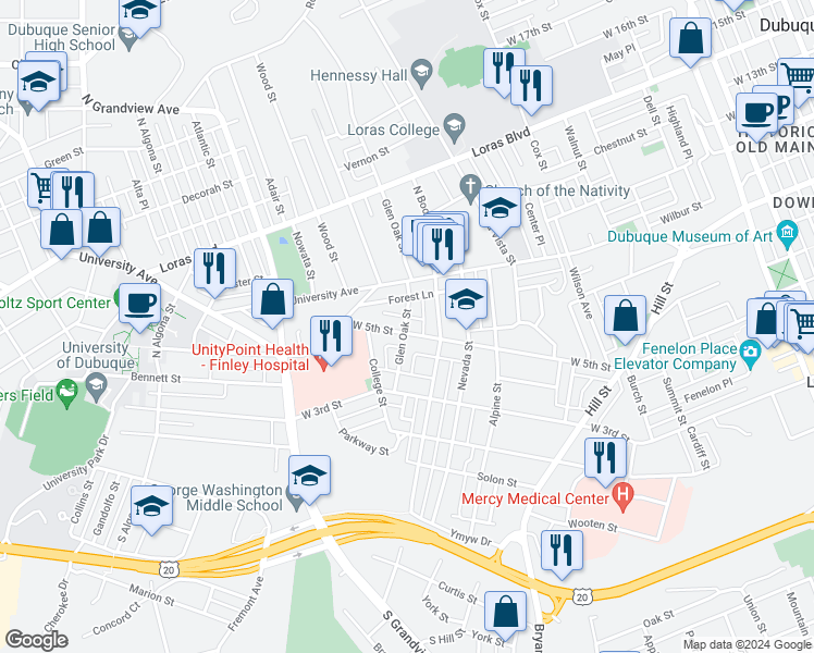 map of restaurants, bars, coffee shops, grocery stores, and more near 694 Glen Oak Street in Dubuque