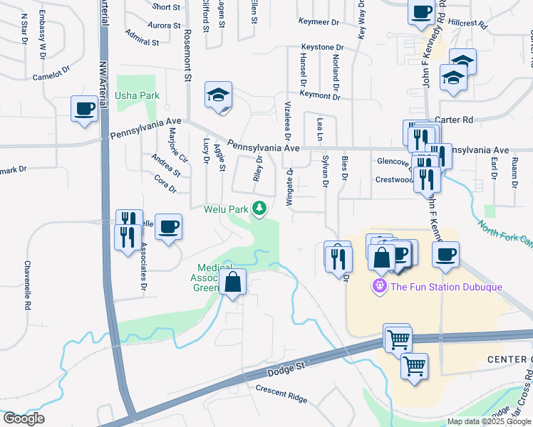 map of restaurants, bars, coffee shops, grocery stores, and more near Riley Dr in Dubuque