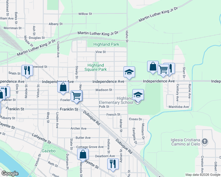 map of restaurants, bars, coffee shops, grocery stores, and more near 1158 Independence Avenue in Waterloo