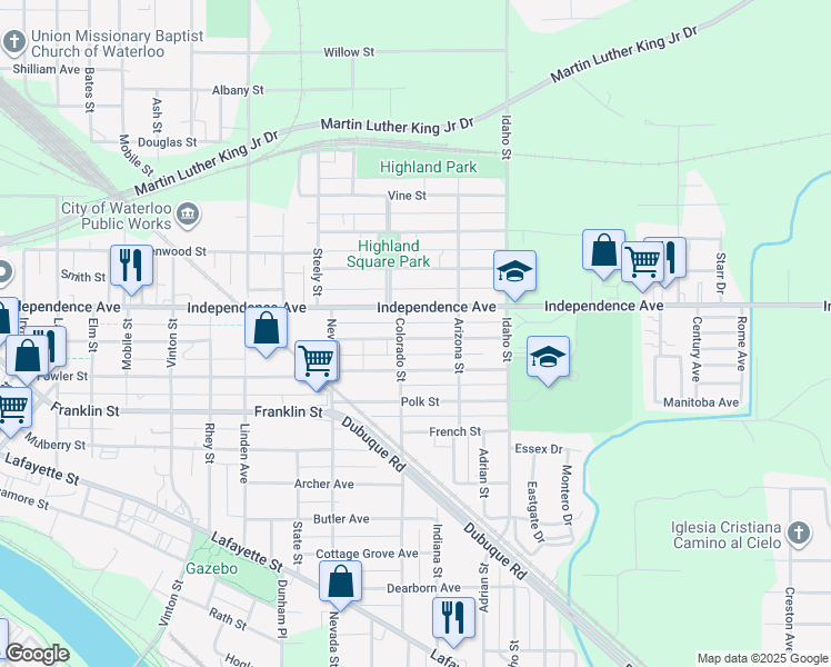 map of restaurants, bars, coffee shops, grocery stores, and more near 1116 Independence Avenue in Waterloo