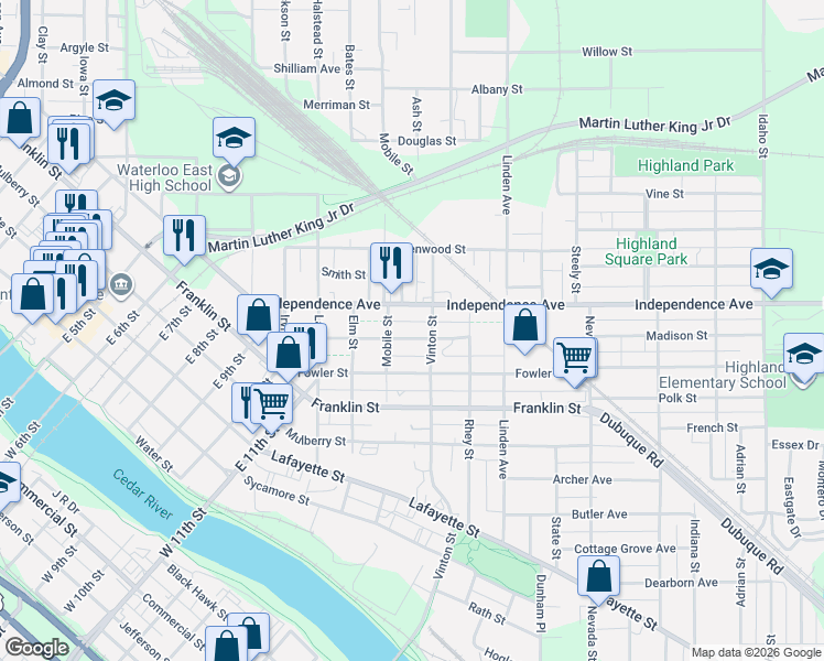 map of restaurants, bars, coffee shops, grocery stores, and more near 512 Independence Avenue in Waterloo