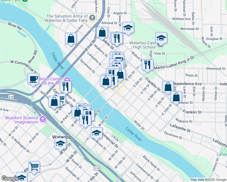 map of restaurants, bars, coffee shops, grocery stores, and more near 607 Sycamore Street in Waterloo