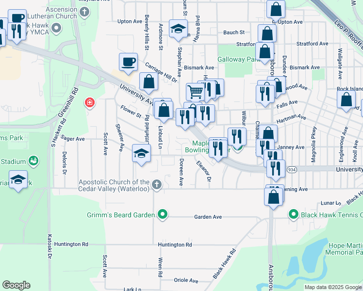 map of restaurants, bars, coffee shops, grocery stores, and more near 1110 Doreen Avenue in Waterloo