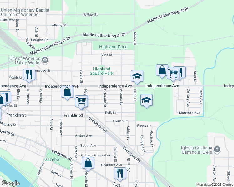 map of restaurants, bars, coffee shops, grocery stores, and more near 269 Madison Street in Waterloo