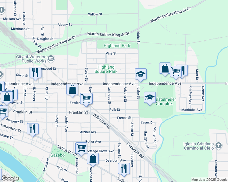 map of restaurants, bars, coffee shops, grocery stores, and more near 227 Madison Street in Waterloo