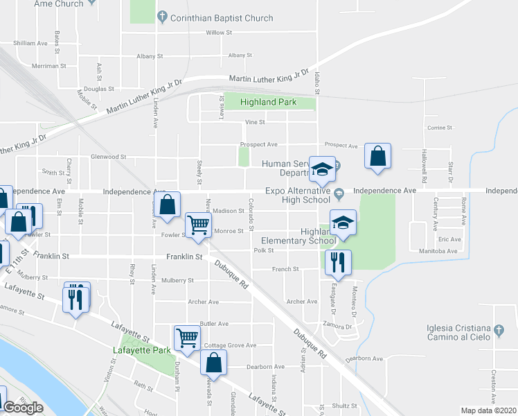 map of restaurants, bars, coffee shops, grocery stores, and more near 219 Madison Street in Waterloo