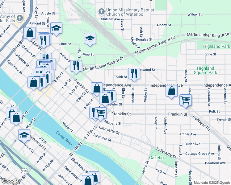 map of restaurants, bars, coffee shops, grocery stores, and more near 303 Courtland Street in Waterloo
