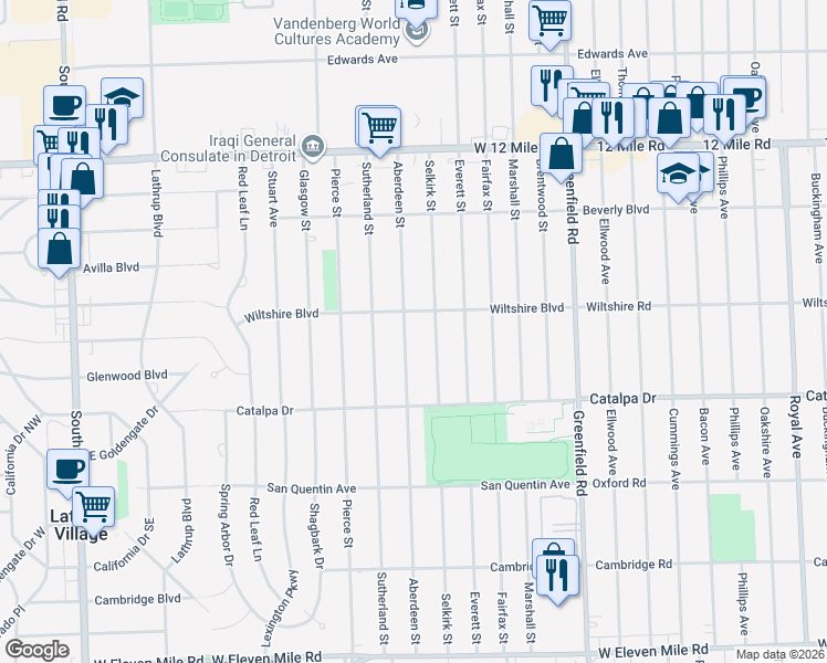 map of restaurants, bars, coffee shops, grocery stores, and more near 28332 Aberdeen Street in Southfield